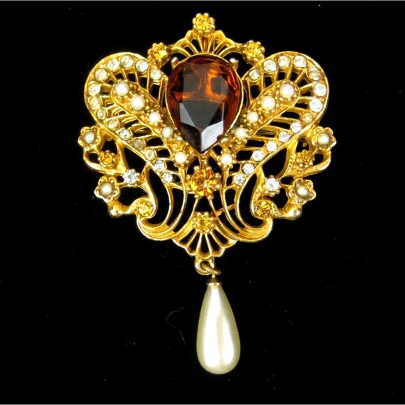 Statement Brooch 2.7 in Dangle Imitation Pearl Pin Goldtone Pendant Rhinestones - Picture 7 of 7